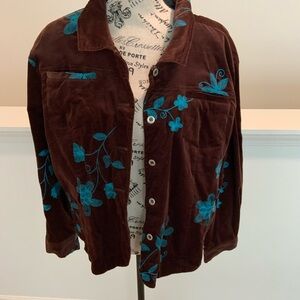 Elegant Brown Jean Jacket with Blue Floral Embroidery xl